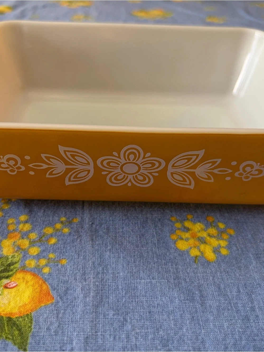 Pyrex Yellow Floral Casserole Dish with White Interior vintage